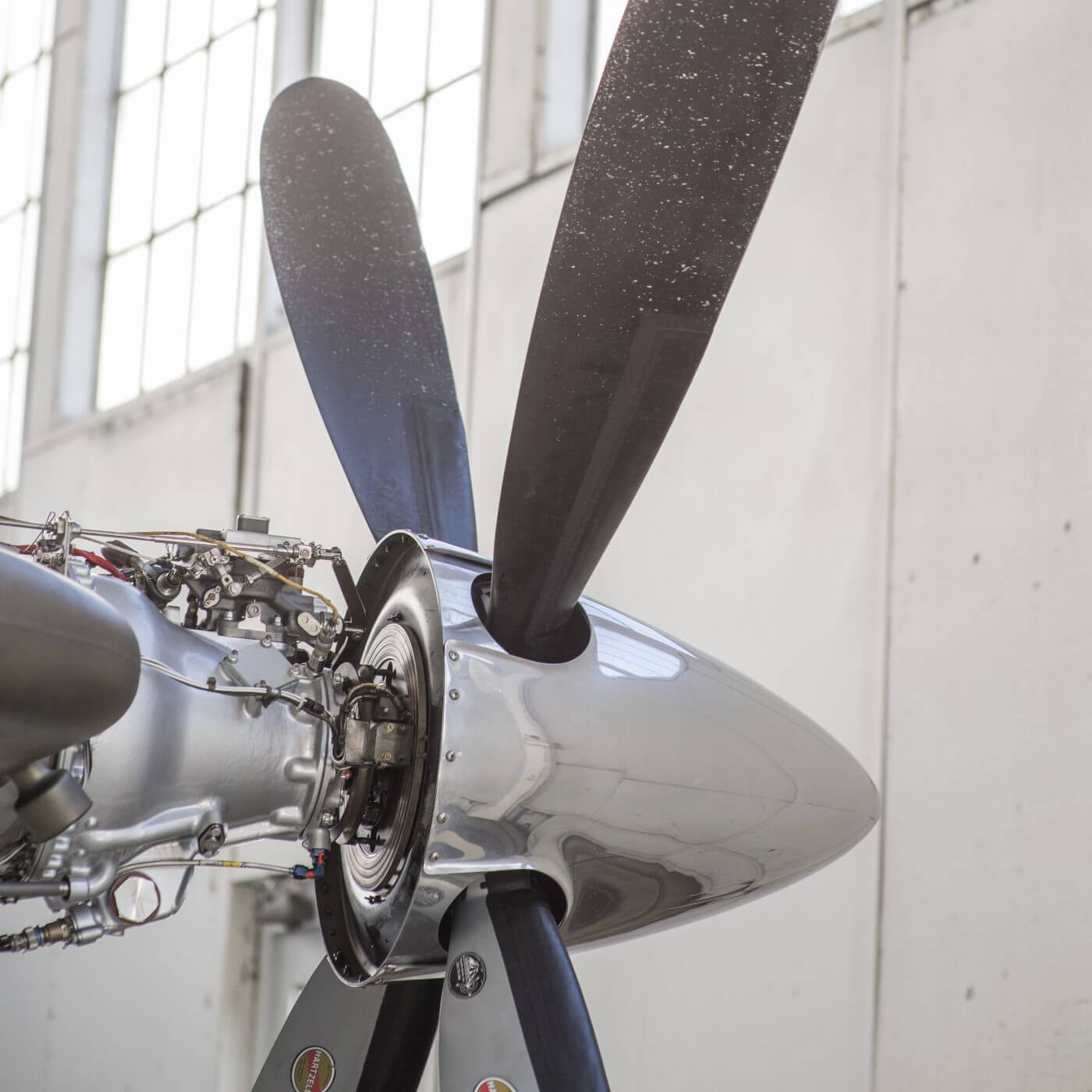 A closeup of an airplane propeller.